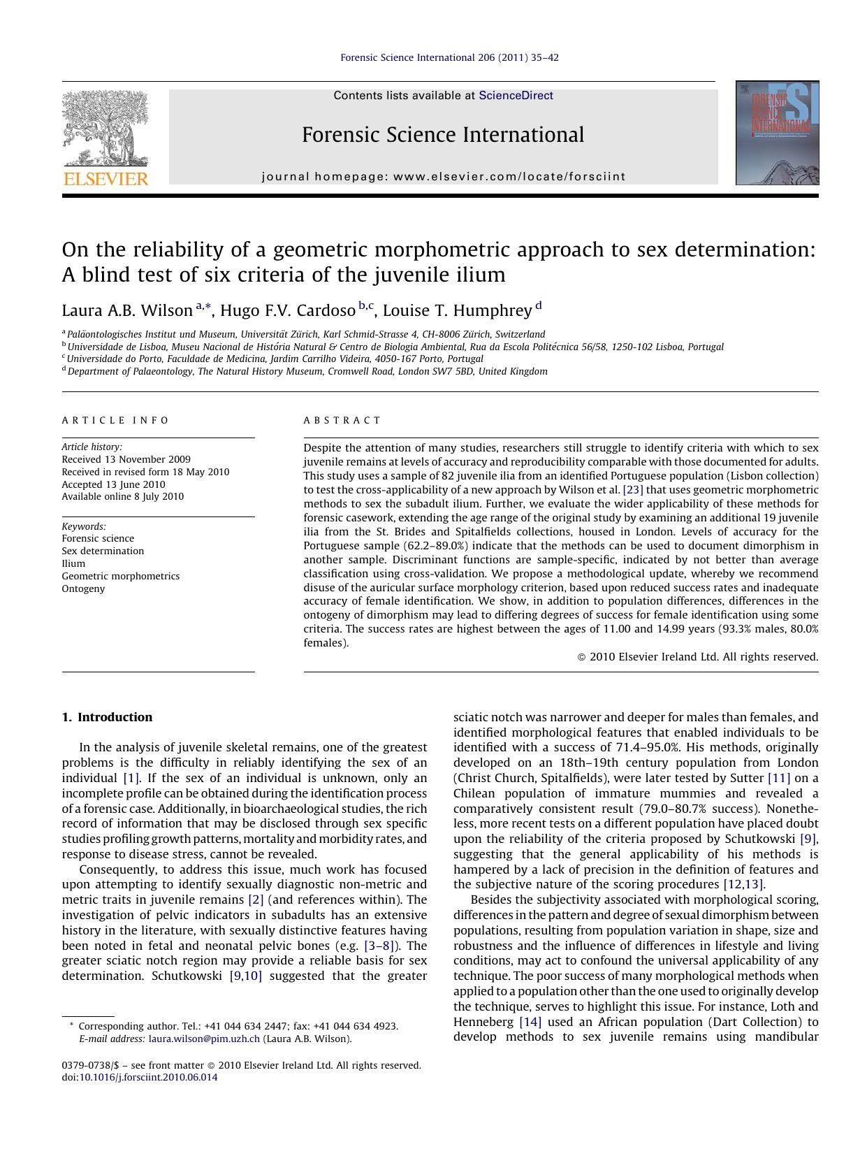 On the reliability of a geometric morphometric approach to sex determination: A blind test of six criteria of the juvenile ilium by Laura A.B. Wilson