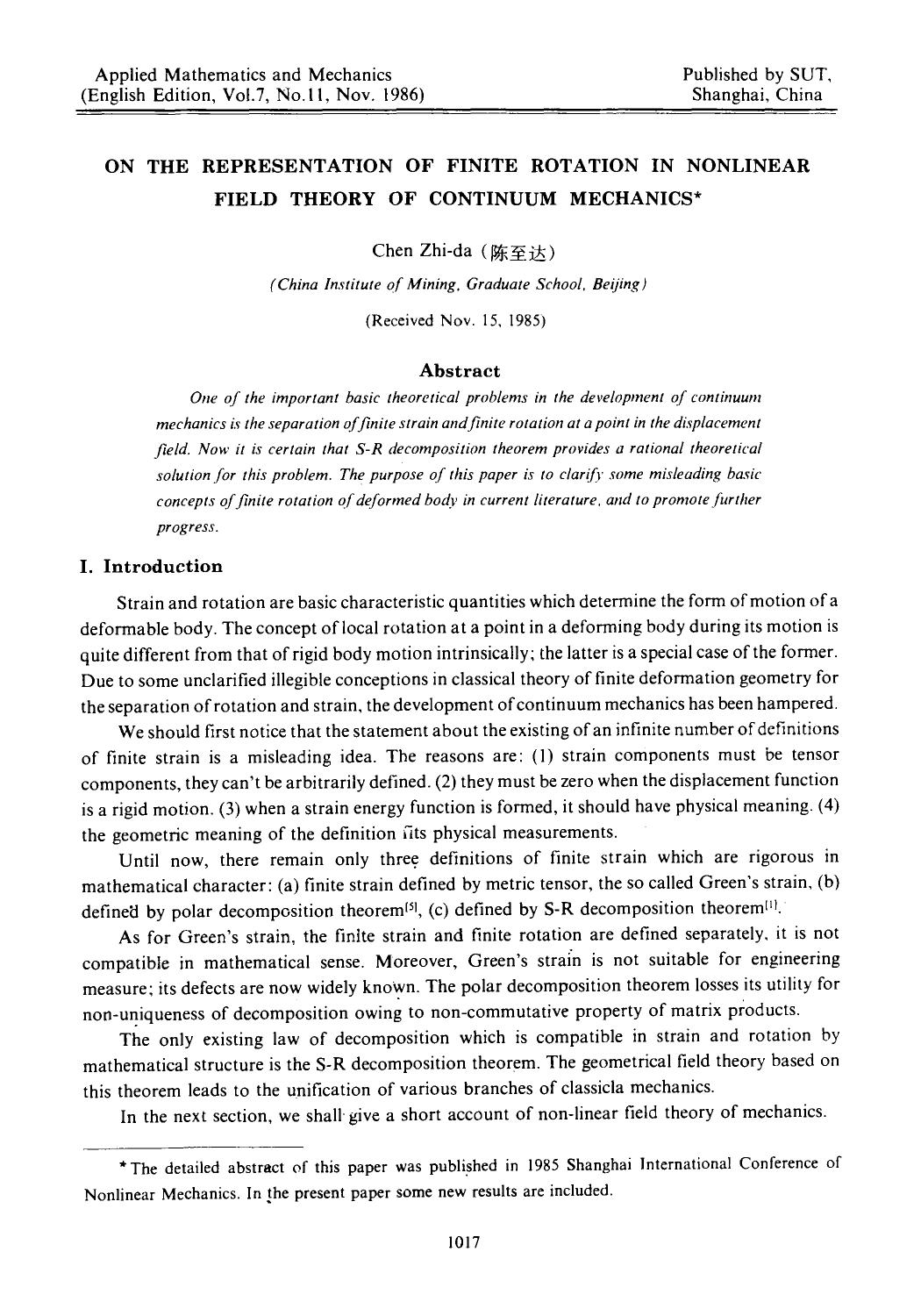 On the representation of finite rotation in nonlinear field theory of continuum mechanics by Unknown