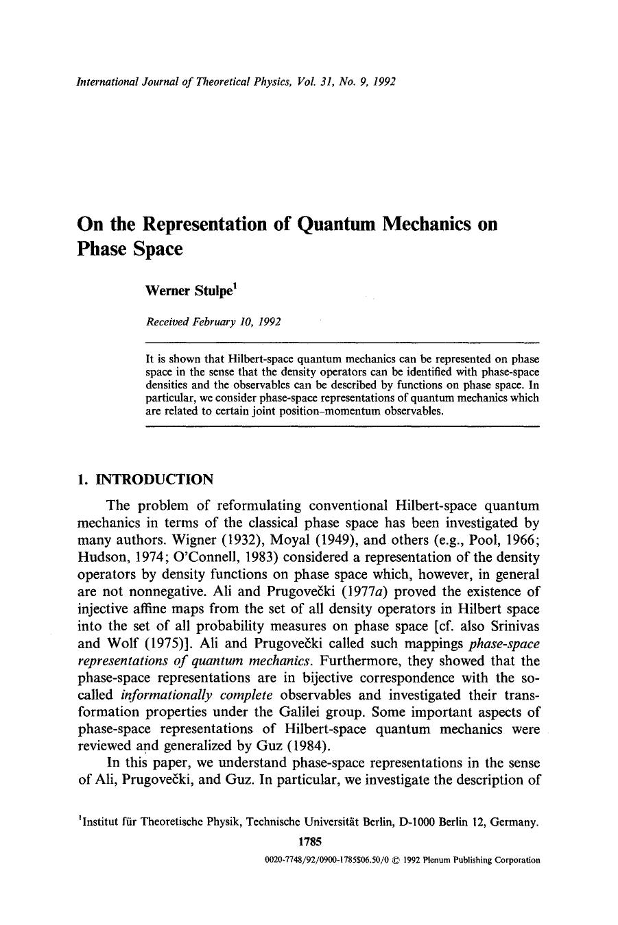 On the representation of quantum mechanics on phase space by Unknown