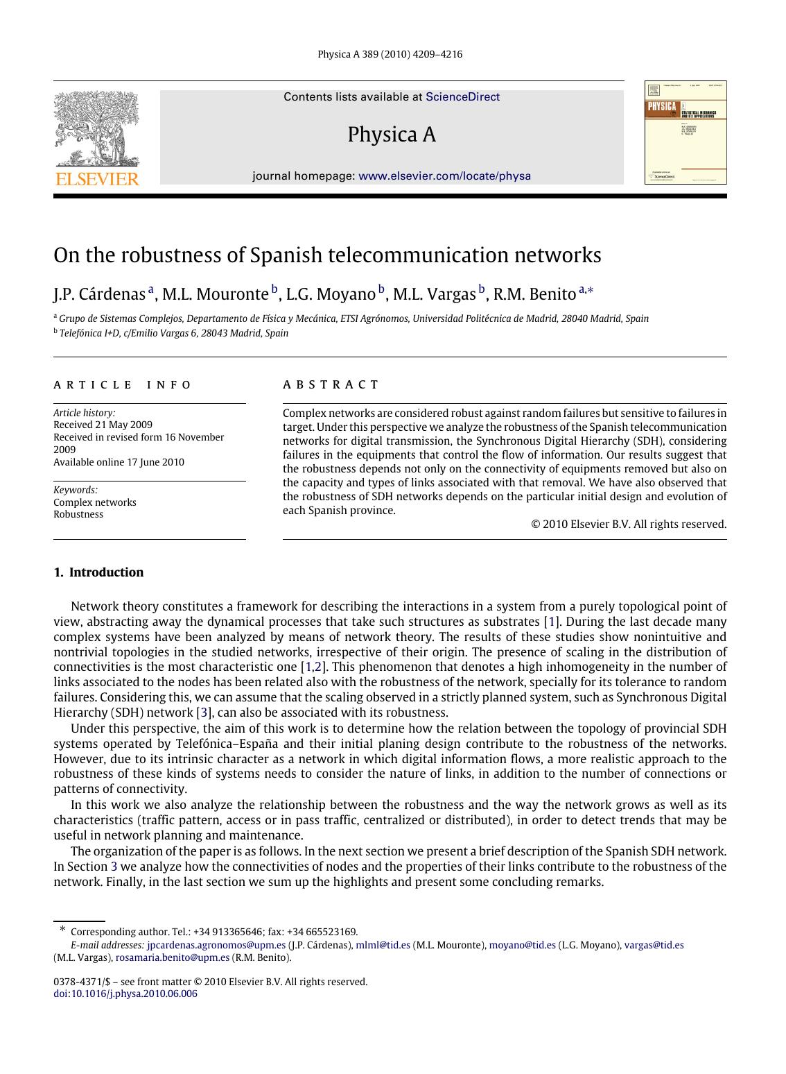 On the robustness of Spanish telecommunication networks by J.P. Cárdenas; M.L. Mouronte; L.G. Moyano; M.L. Vargas; R.M. Benito