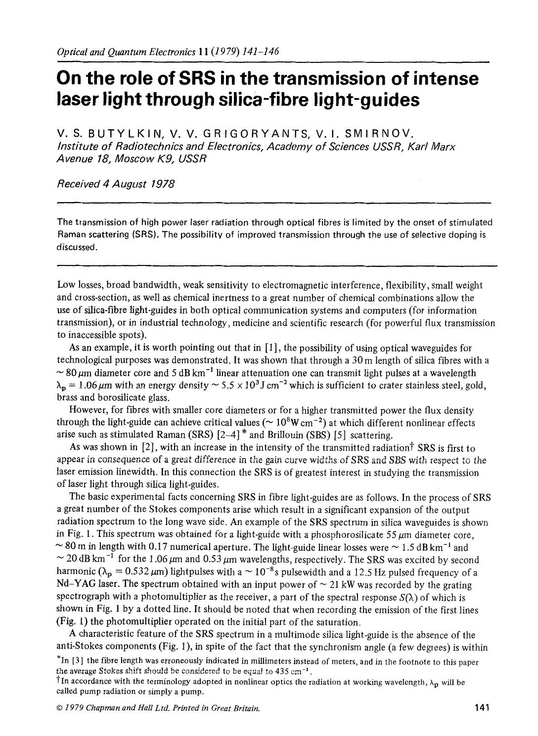 On the role of SRS in the transmission of intense laser light through silica-fibre light-guides by Unknown