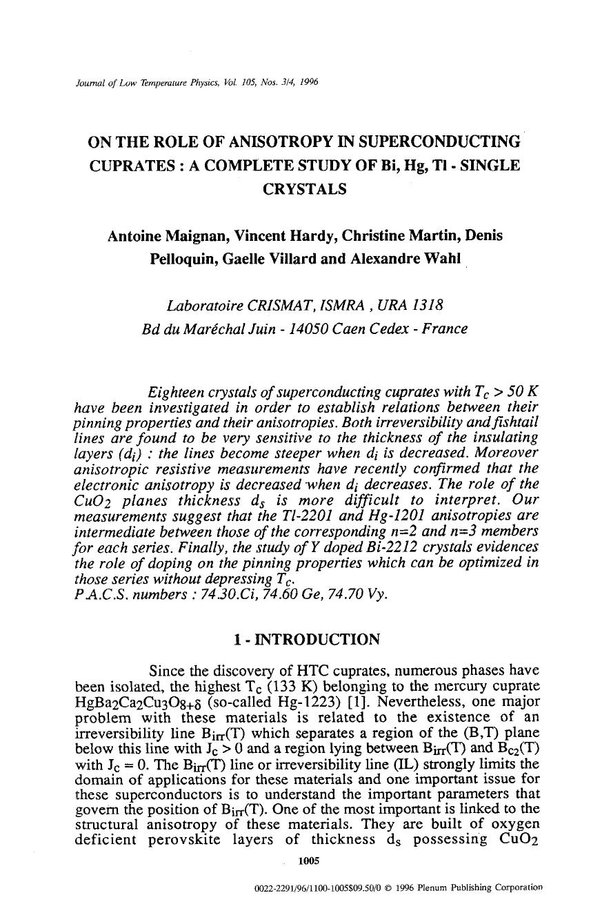 On the role of anisotropy in superconducting cuprates: A complete study of Bi, Hg, Tl — Single crystals by Unknown