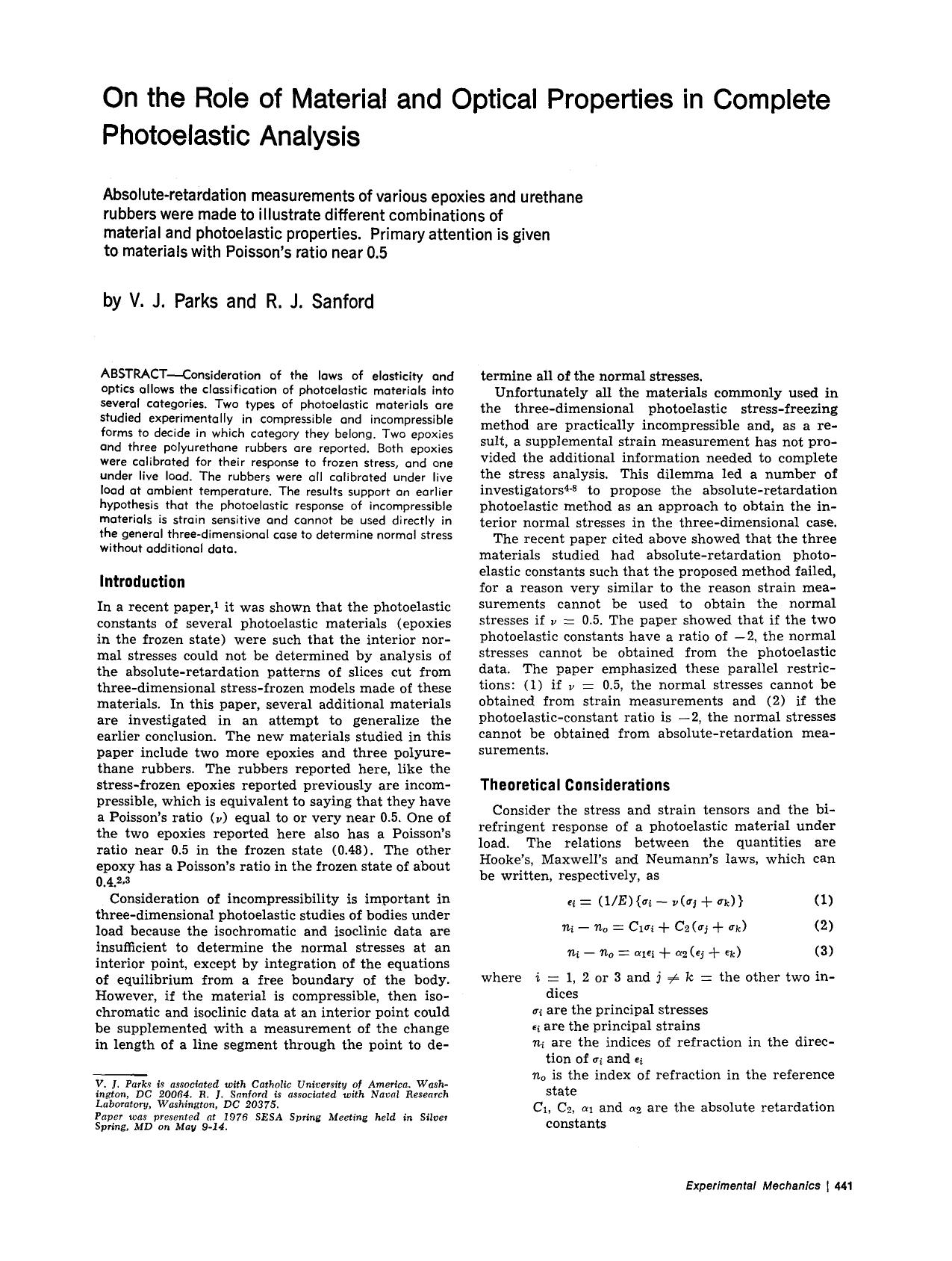 On the role of material and optical properties in complete photoelastic analysis by Unknown