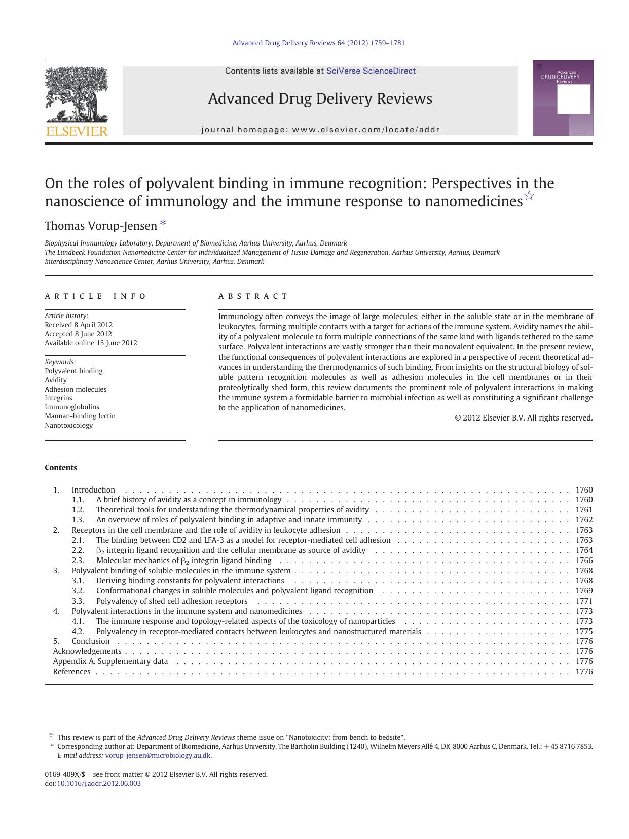 On the roles of polyvalent binding in immune recognition: Perspectives in the nanoscience of immunology and the immune response to nanomedicines by Thomas Vorup-Jensen