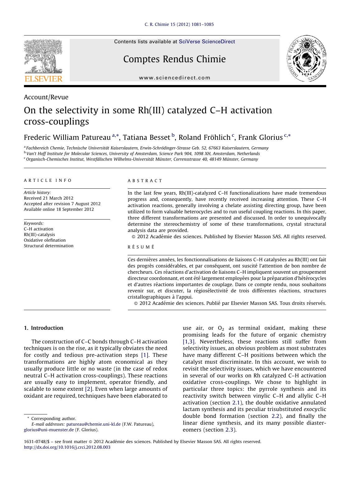 On the selectivity in some Rh(III) catalyzed CH activation cross-couplings by Frederic William Patureau