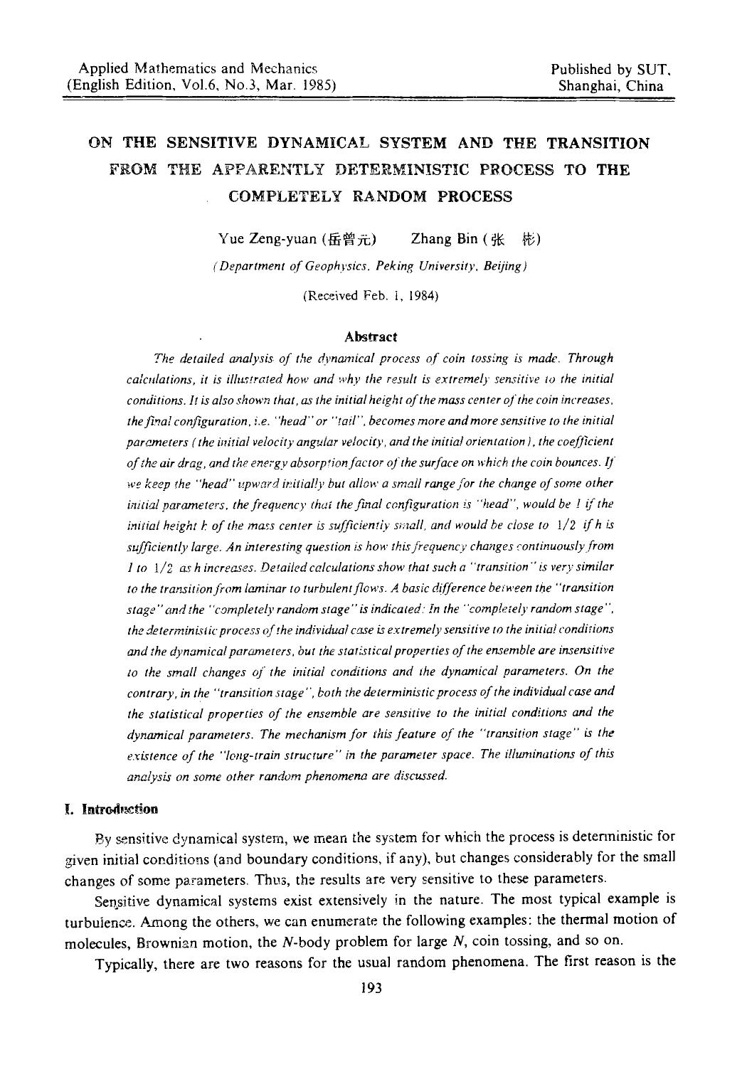 On the sensitive dynamical system and the transition from the apparently deterministic process to the completely random process by Unknown