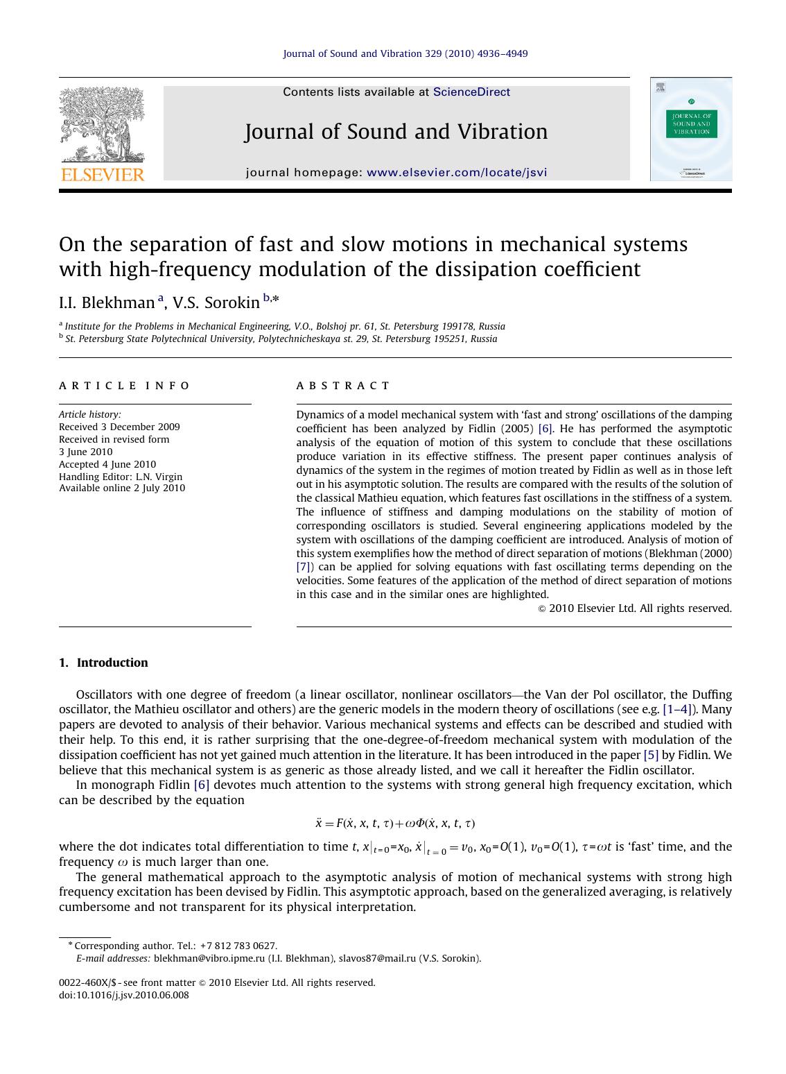 On the separation of fast and slow motions in mechanical systems with high-frequency modulation of the dissipation coefficient by I.I. Blekhman & V.S. Sorokin