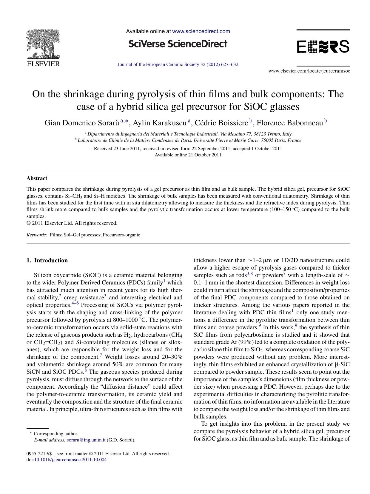On the shrinkage during pyrolysis of thin films and bulk components: The case of a hybrid silica gel precursor for SiOC glasses by Gian Domenico SorarÃ¹