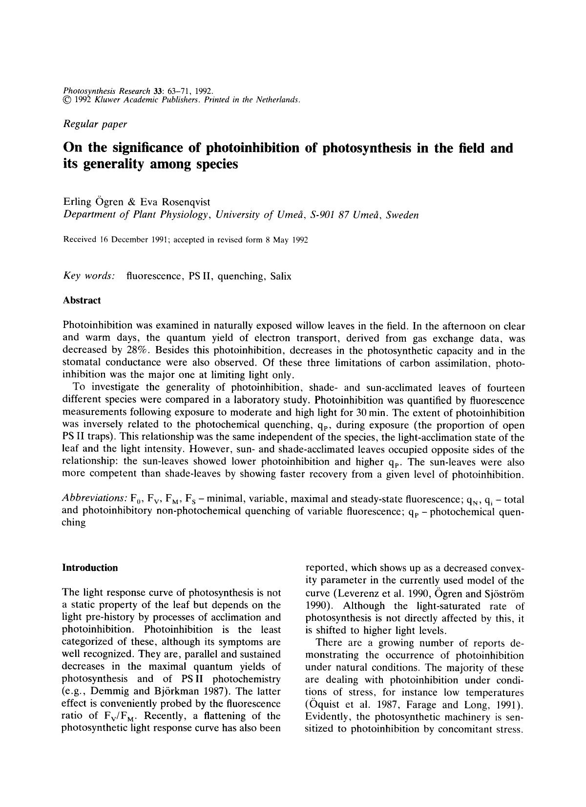On the significance of photoinhibition of photosynthesis in the field and its generality among species by Unknown