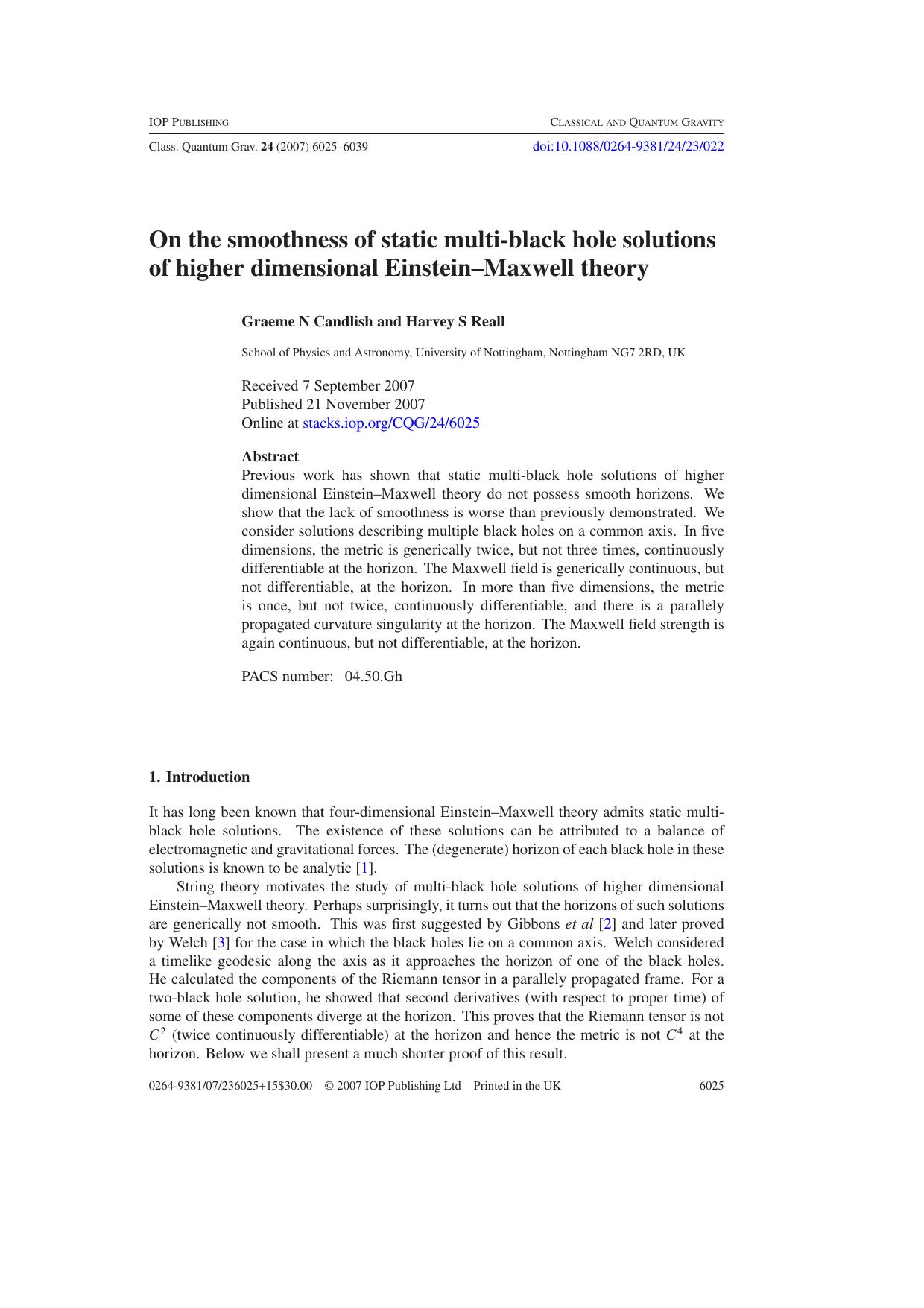 On the smoothness of static multi-black hole solutions of higher dimensional Einstein--Maxwell theory by G N Candlish and H S Reall