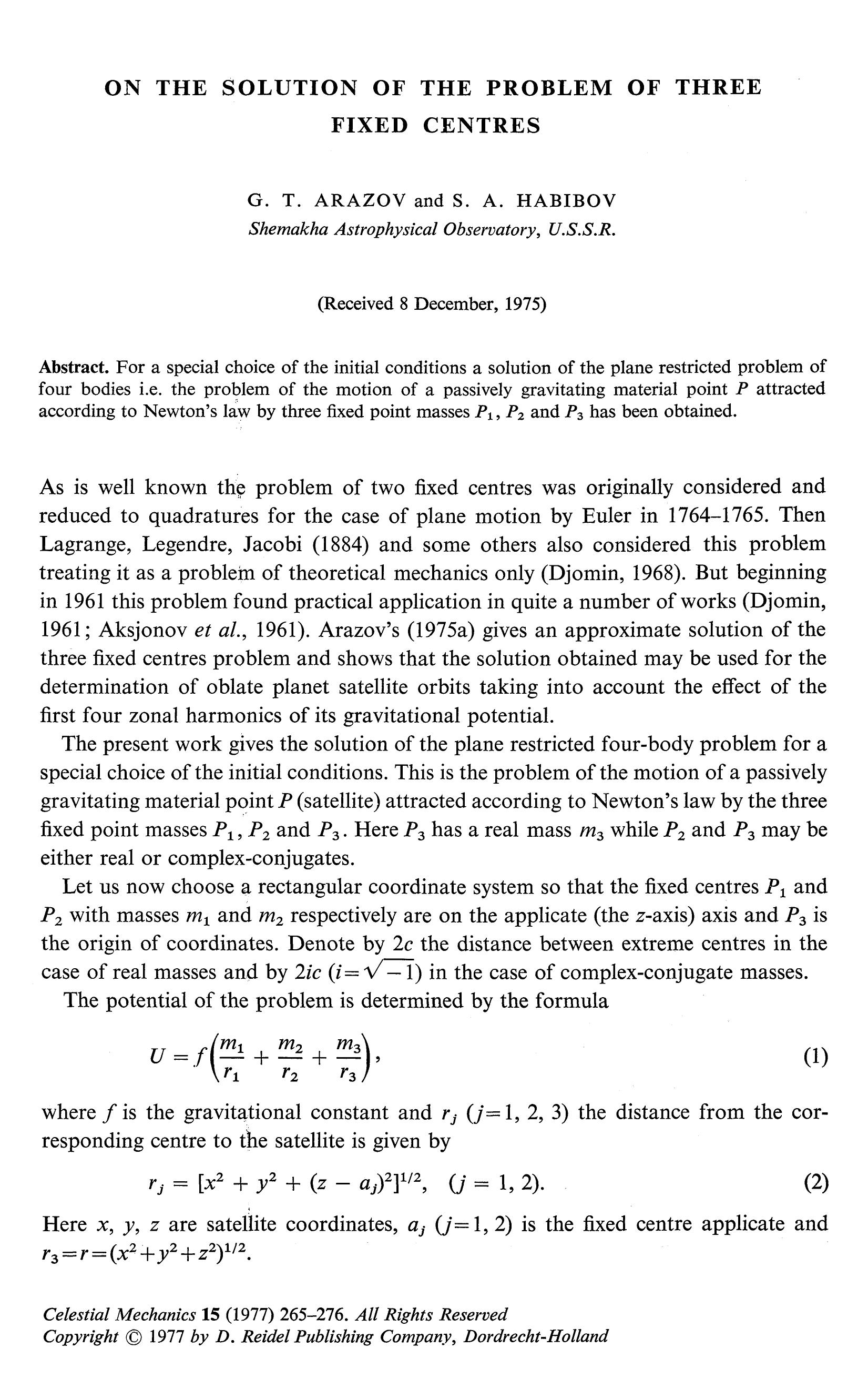 On the solution of the problem of three fixed centres by Unknown