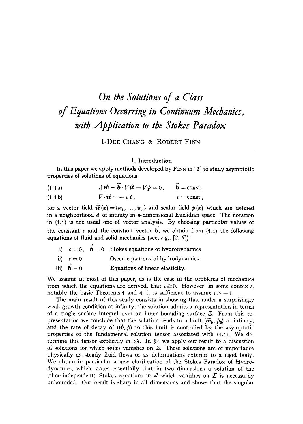 On the solutions of a class of equations occurring in continuum mechanics, with application to the stokes paradox by Unknown