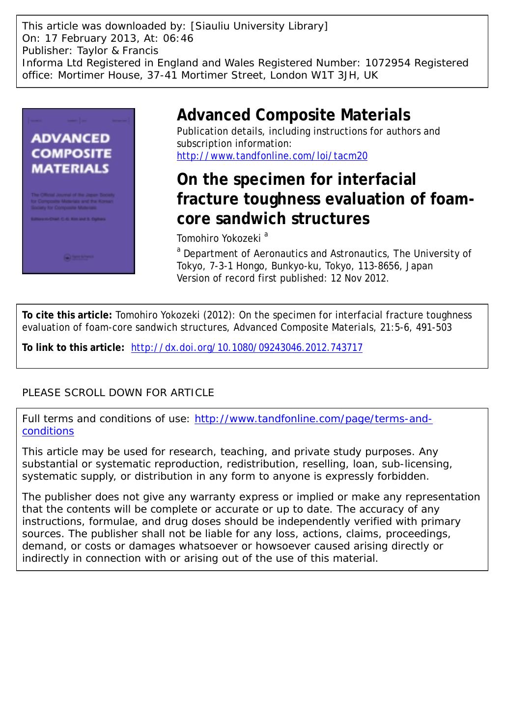 On the specimen for interfacial fracture toughness evaluation of foam-core sandwich structures by Tomohiro Yokozeki