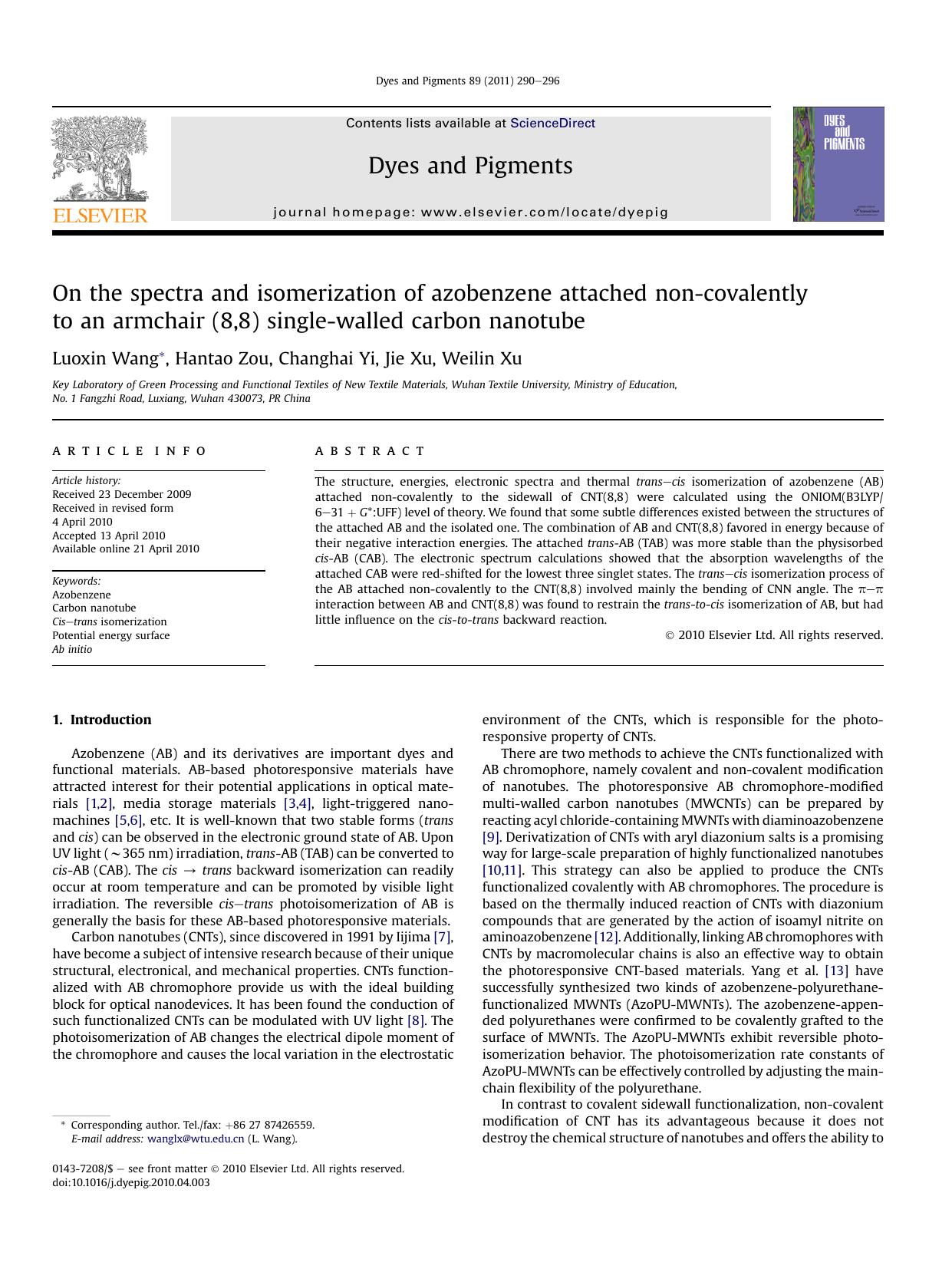 On the spectra and isomerization of azobenzene attached non-covalently to an armchair (8,8) single-walled carbon nanotube by Luoxin Wang & Hantao Zou & Changhai Yi & Jie Xu & Weilin Xu