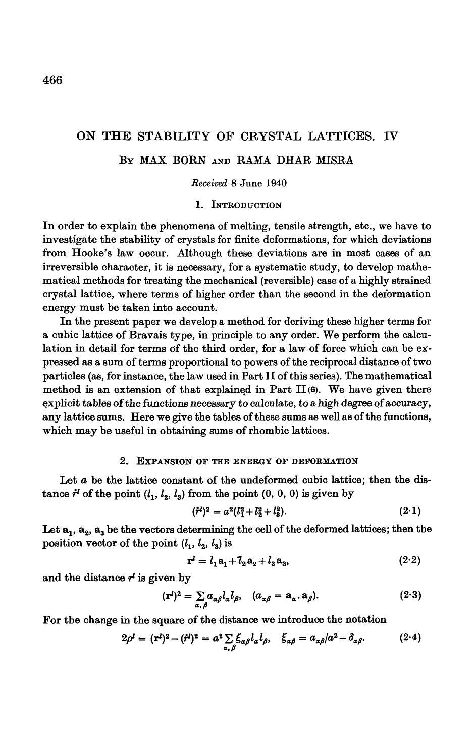 On the stability of crystal lattices. IV by Max Born Rama Dhar Misra