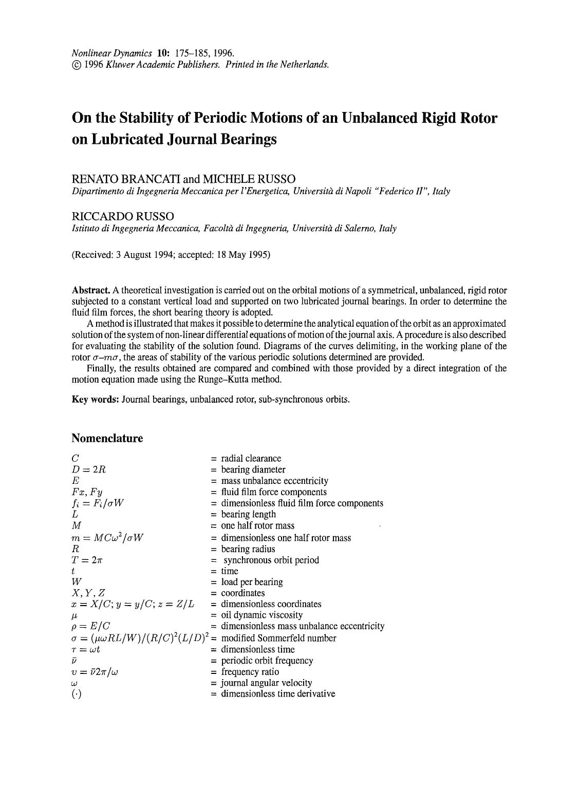 On the stability of periodic motions of an unbalanced rigid rotor on lubricated journal bearings by Unknown