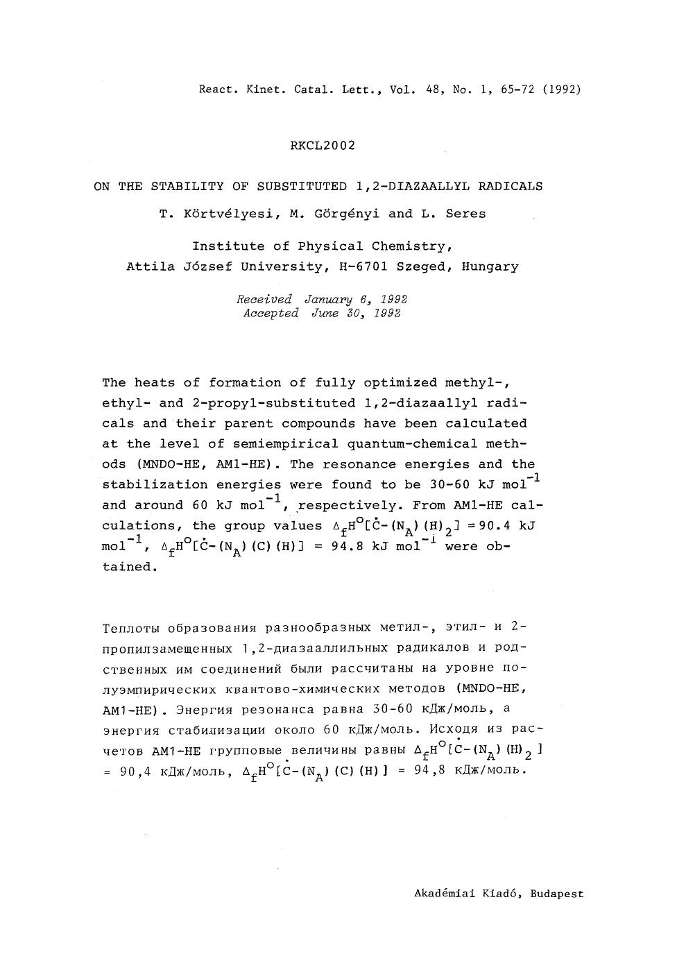 On the stability of substituted 1,2-diazaallyl radicals by Unknown