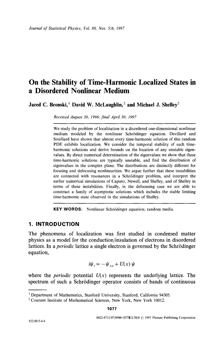 On the stability of time-harmonic localized states in a disordered nonlinear medium by Unknown