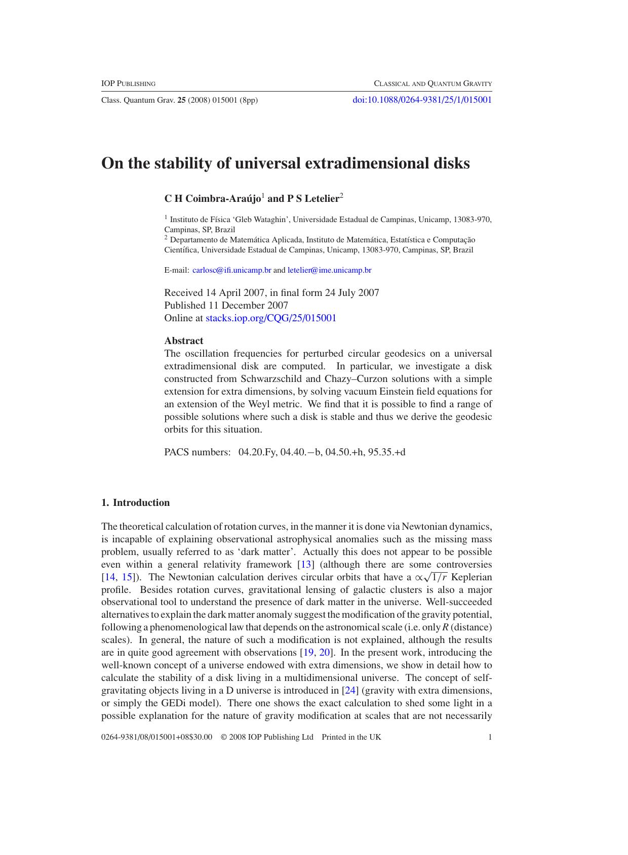 On the stability of universal extradimensional disks by C H Coimbra-Araujo & P S Letelier