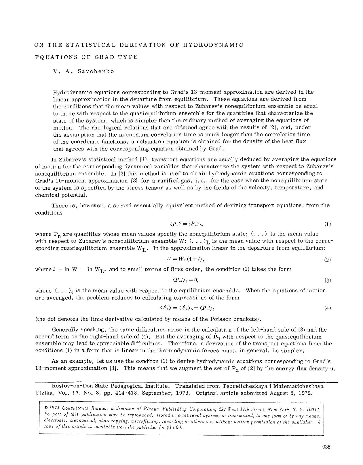 On the statistical derivation of hydrodynamic equations of grad type by Unknown