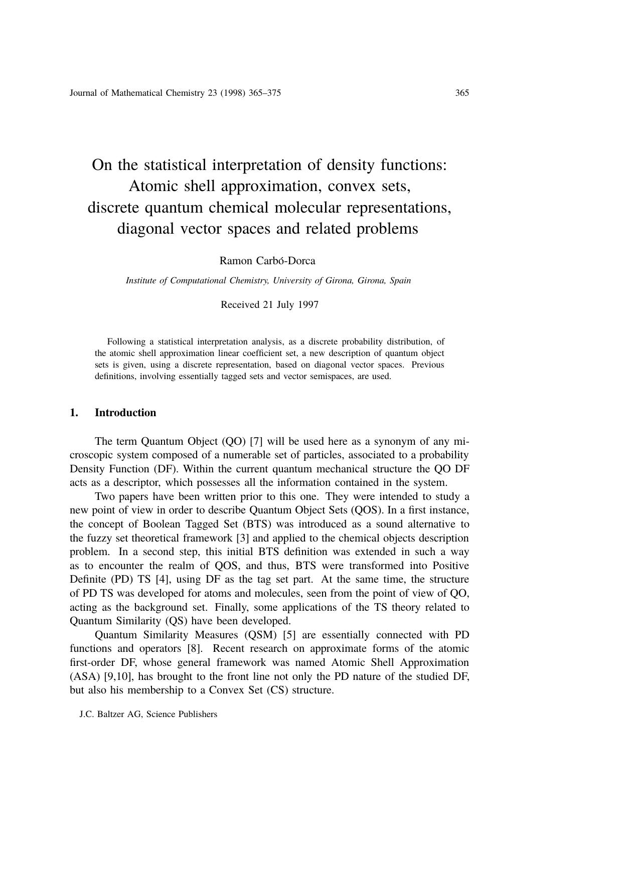 On the statistical interpretation of density functions: Atomic shell approximation, convex sets, discrete quantum chemical molecular representations, diagonal vector spaces and related problems by Unknown