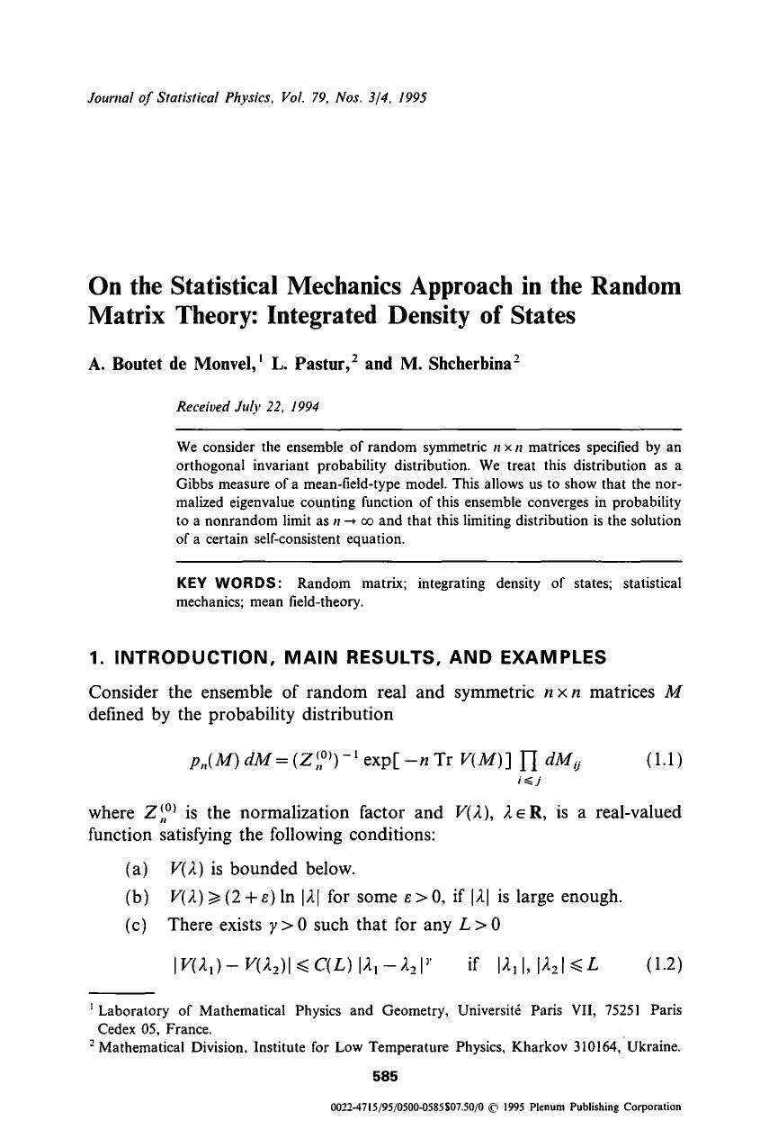 On the statistical mechanics approach in the random matrix theory: Integrated density of states by Unknown
