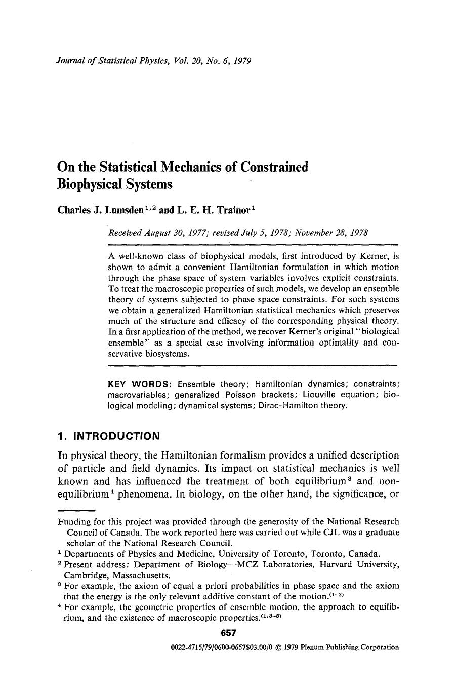On the statistical mechanics of constrained biophysical systems by Unknown