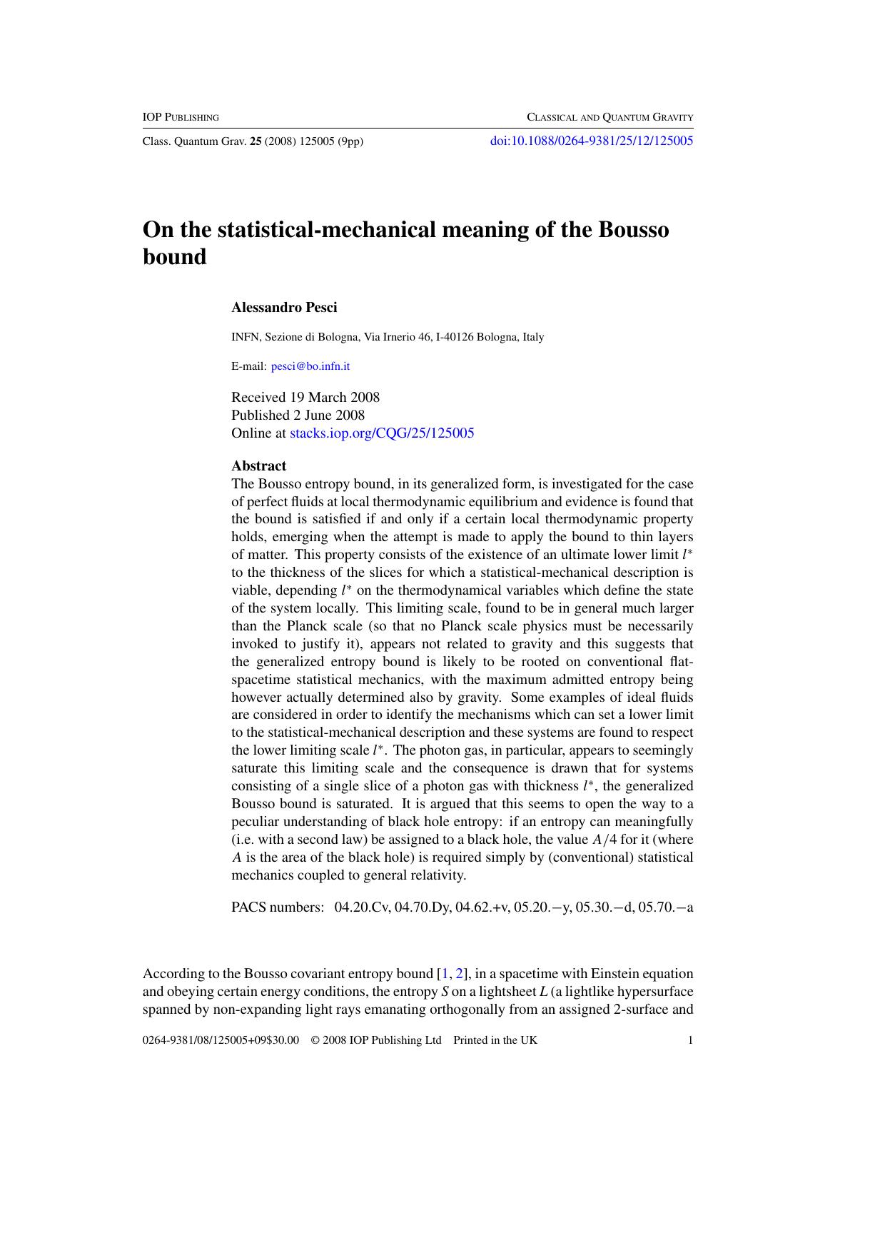 On the statistical-mechanical meaning of the Bousso bound by A Pesci