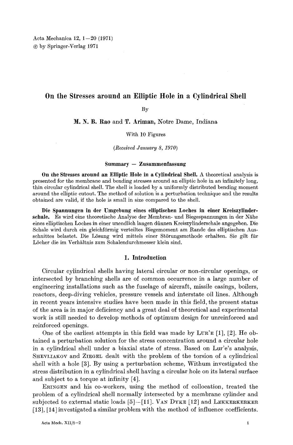 On the stresses around an elliptic hole in a cylindrical shell by Unknown