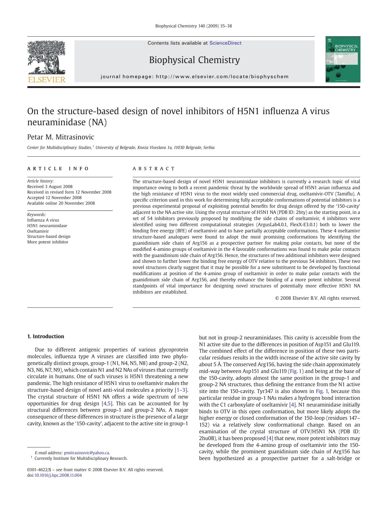 On the structure-based design of novel inhibitors of H5N1 influenza A virus neuraminidase (NA) by Petar M. Mitrasinovic