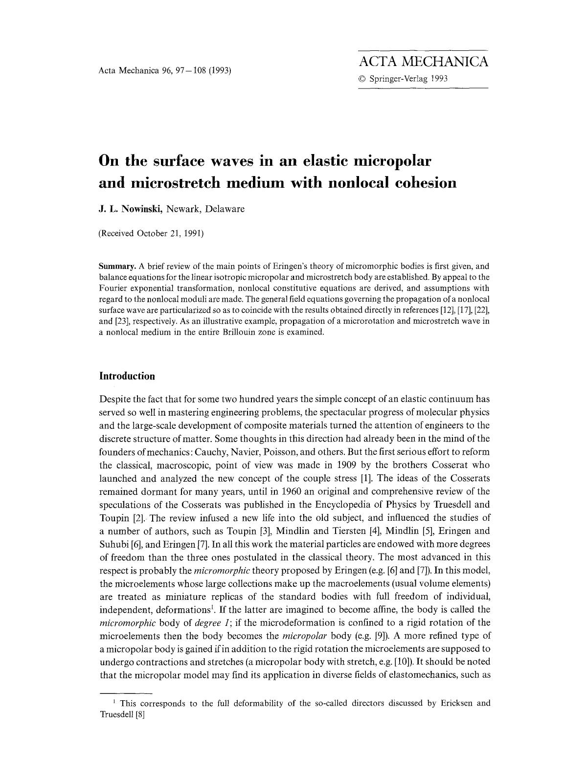 On the surface waves in an elastic micropolar and microstretch medium with nonlocal cohesion by Unknown