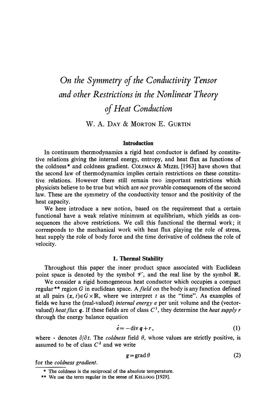 On the symmetry of the conductivity tensor and other restrictions in the nonlinear theory of heat conduction by Unknown