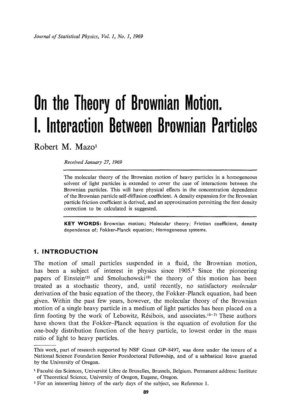 On the theory of Brownian motion. I. Interaction between Brownian particles by Unknown