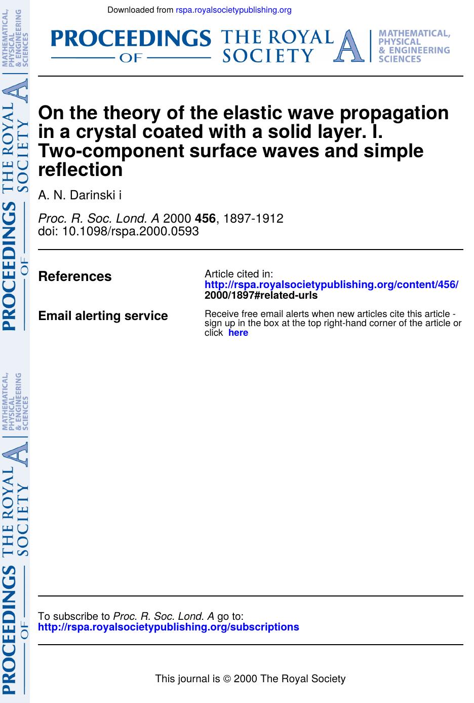 On the theory of the elastic wave propagation in a crystal coated with a solid layer. I. Two-component surface waves and simple reflection by Unknown