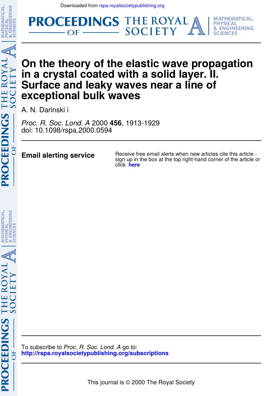 On the theory of the elastic wave propagation in a crystal coated with a solid layer. II. Surface and leaky waves near a line of exceptional bulk waves by Unknown