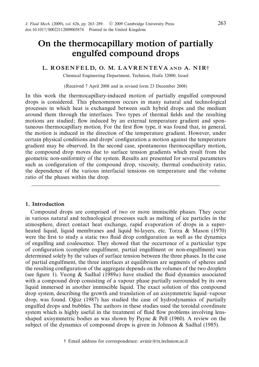 On the thermocapillary motion of partially engulfed compound drops by L. ROSENFELD O. M. LAVRENTEVA A. NIR