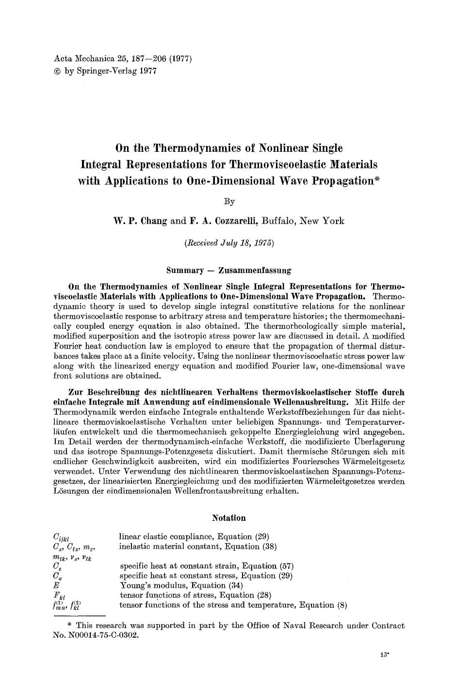 On the thermodynamics of nonlinear single integral representations for thermoviscoelastic materials with applications to one-dimensional wave propagation by Unknown