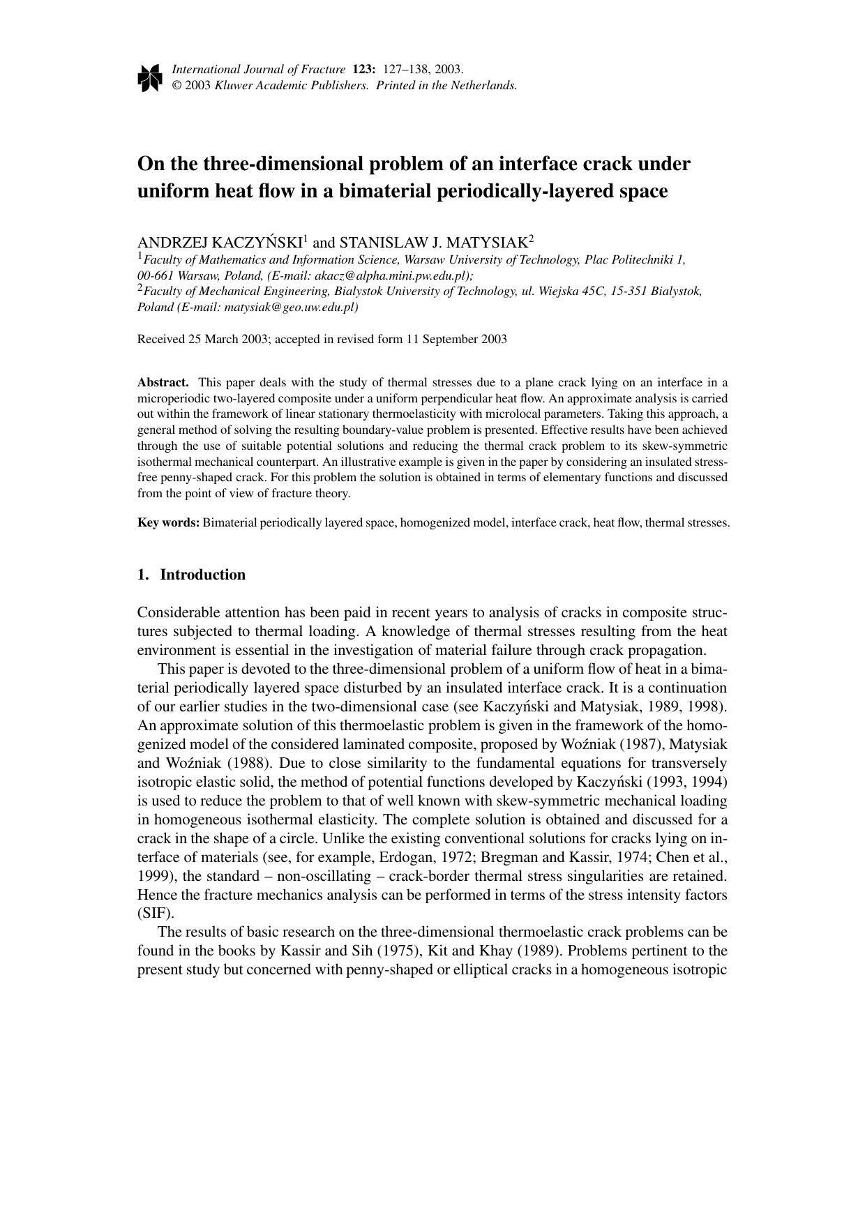 On the three-dimensional problem of an interface crack under uniform heat flow in a bimaterial periodically-layered space by Unknown