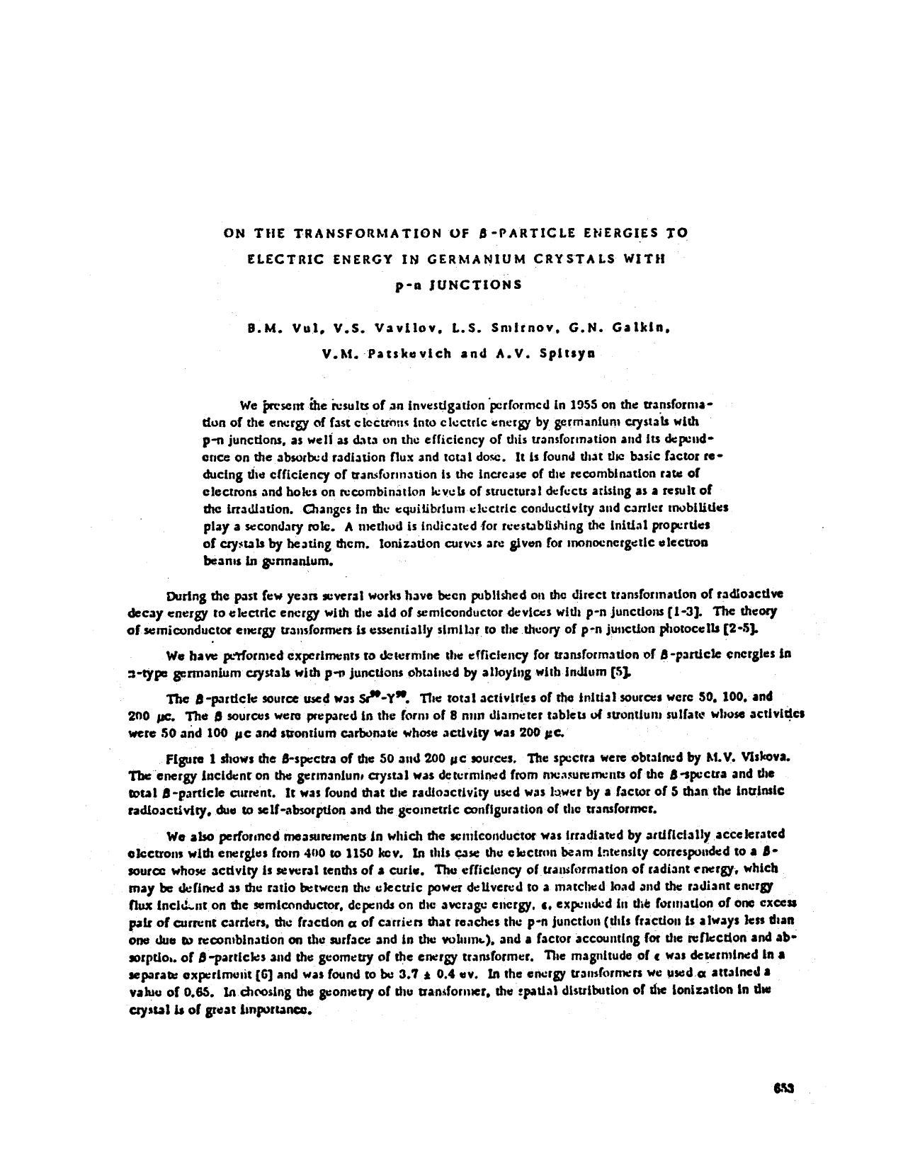 On the transformation of ß-particle energies to electric energy in germanium crystals with p-n junctions by Unknown
