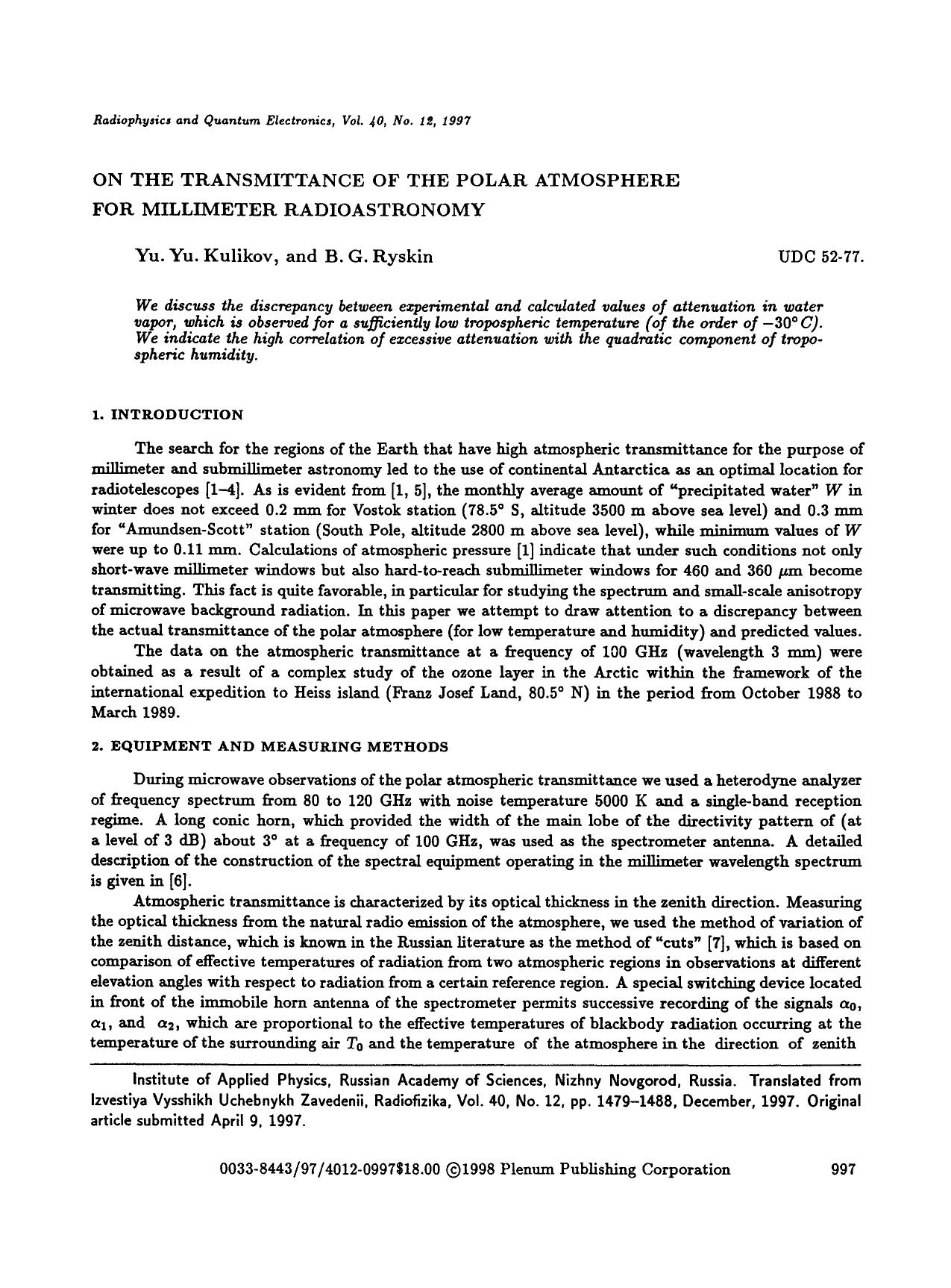On the transmittance of the polar atmosphere for millimeter radioastronomy by Unknown