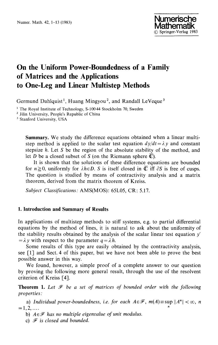 On the uniform power-boundedness of a family of matrices and the applications to one-leg and linear multistep methods by Unknown
