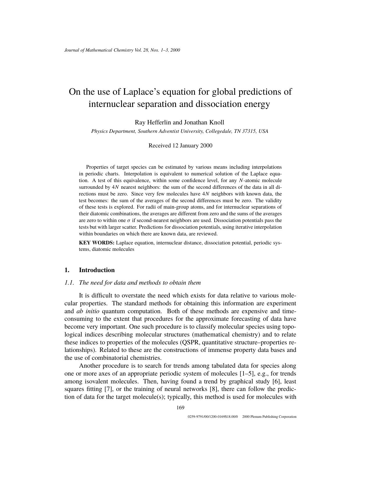On the use of Laplace's equation for global predictions of internuclear separation and dissociation energy by Unknown