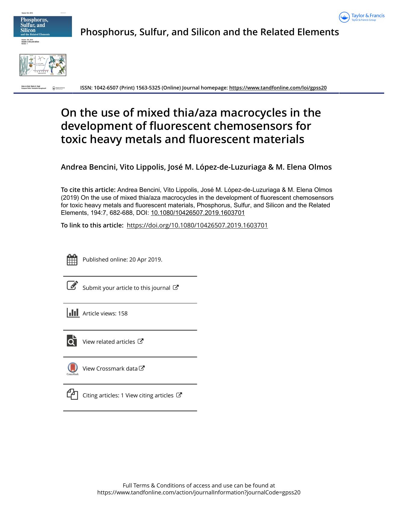 On the use of mixed thiaaza macrocycles in the development of fluorescent chemosensors for toxic heavy metals and fluorescent materials by Bencini Andrea & Lippolis Vito & López-de-Luzuriaga José M. & Olmos M. Elena