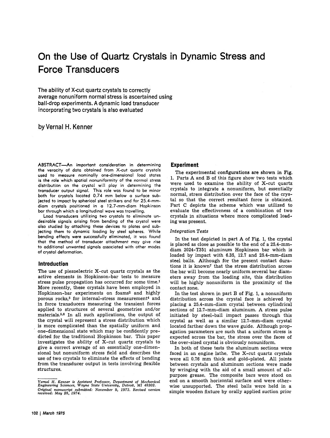On the use of quartz crystals in dynamic stress and force transducers by Unknown