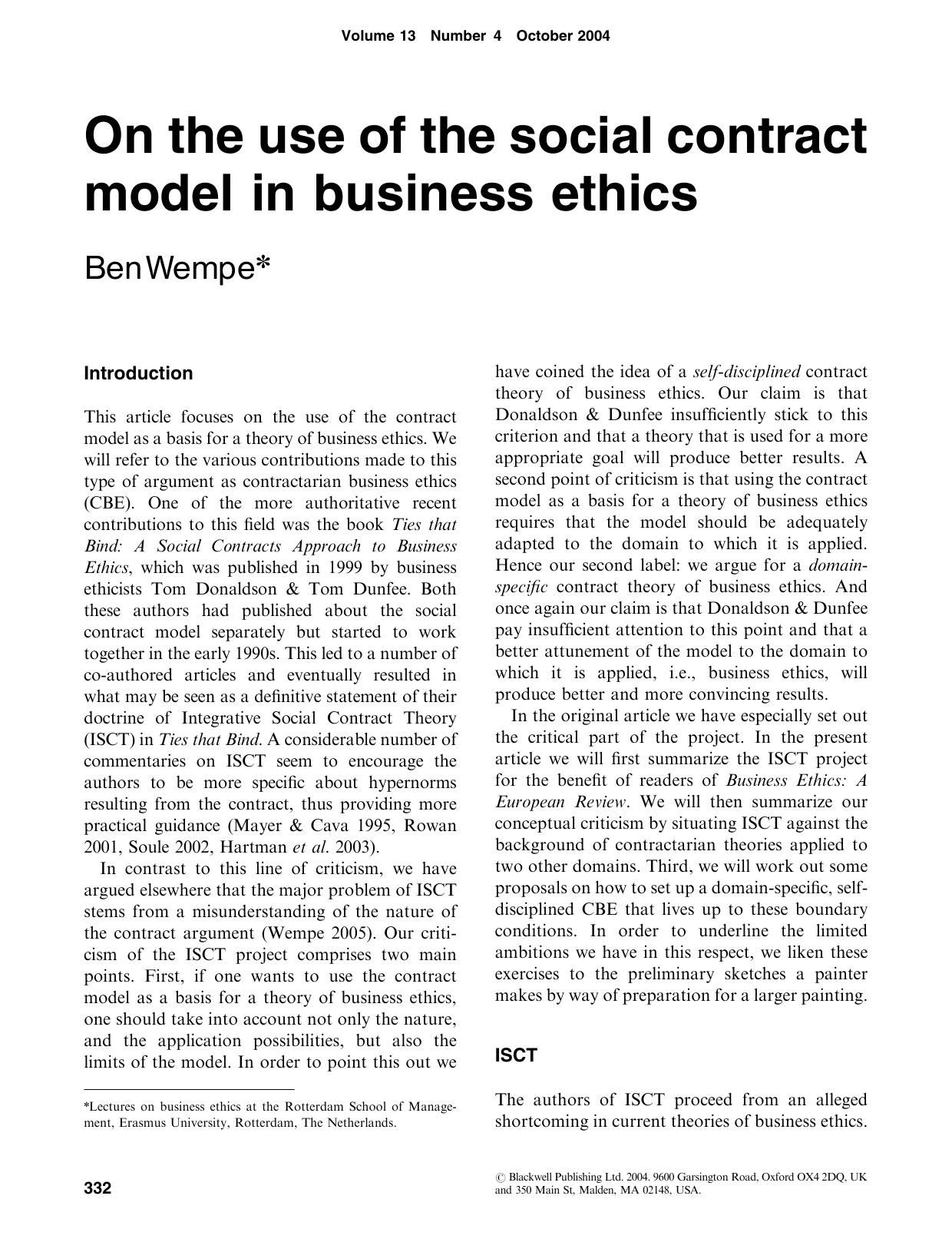 On the use of the social contract model in business ethics by Unknown
