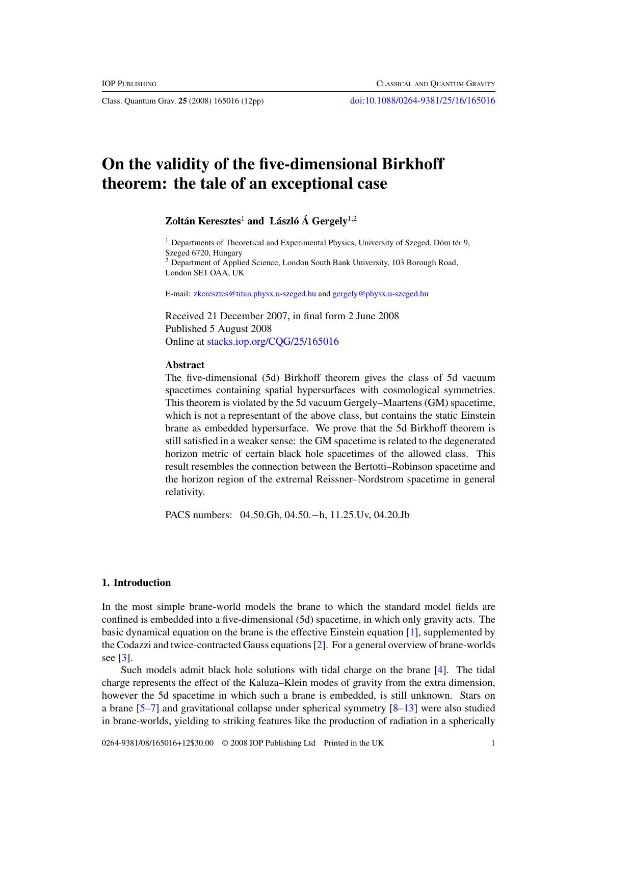 On the validity of the five-dimensional Birkhoff theorem: the tale of an exceptional case by Z Keresztes and L A Gergely