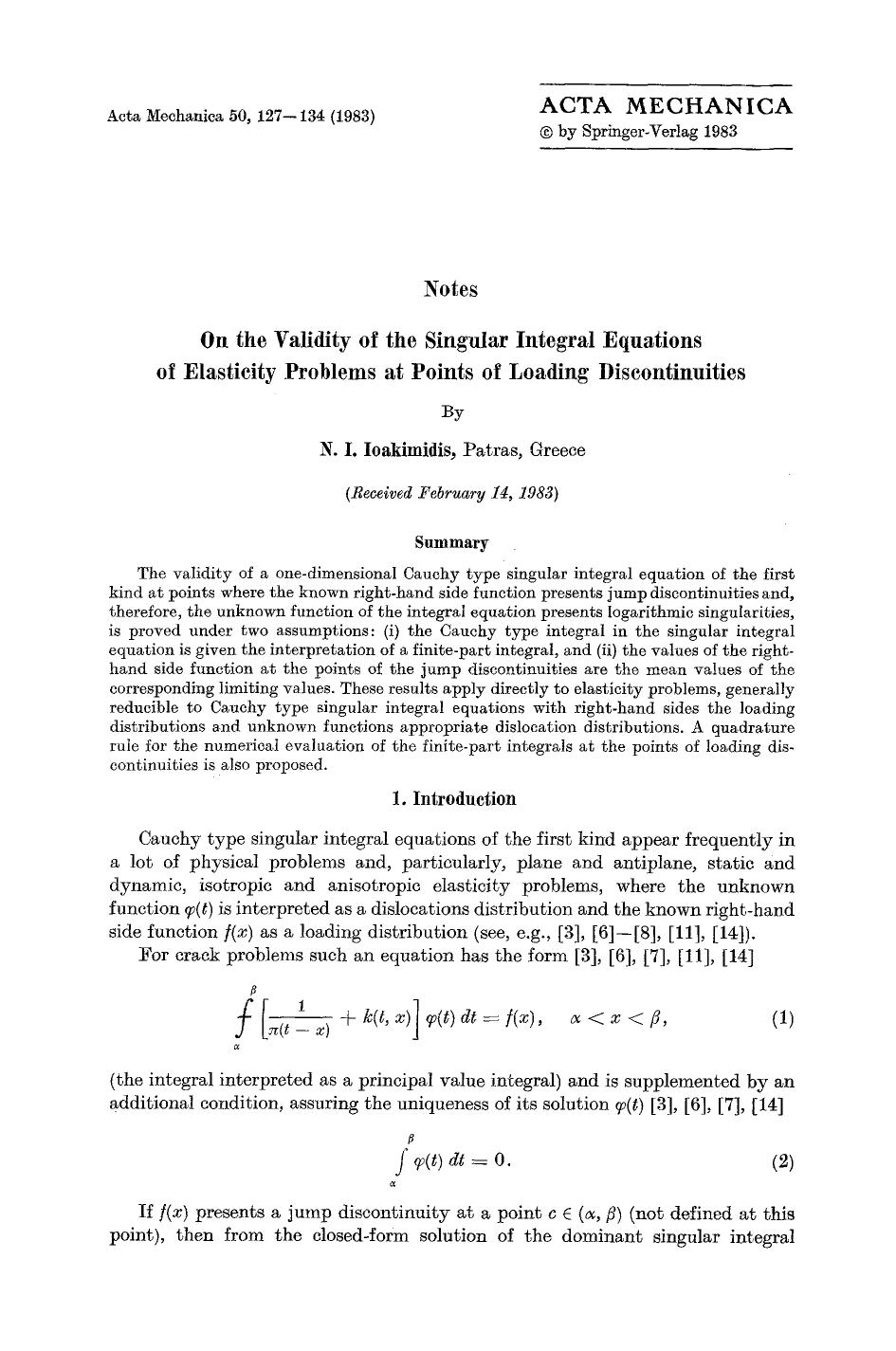 On the validity of the singular integral equations of elasticity problems at points of loading discontinuities by Unknown
