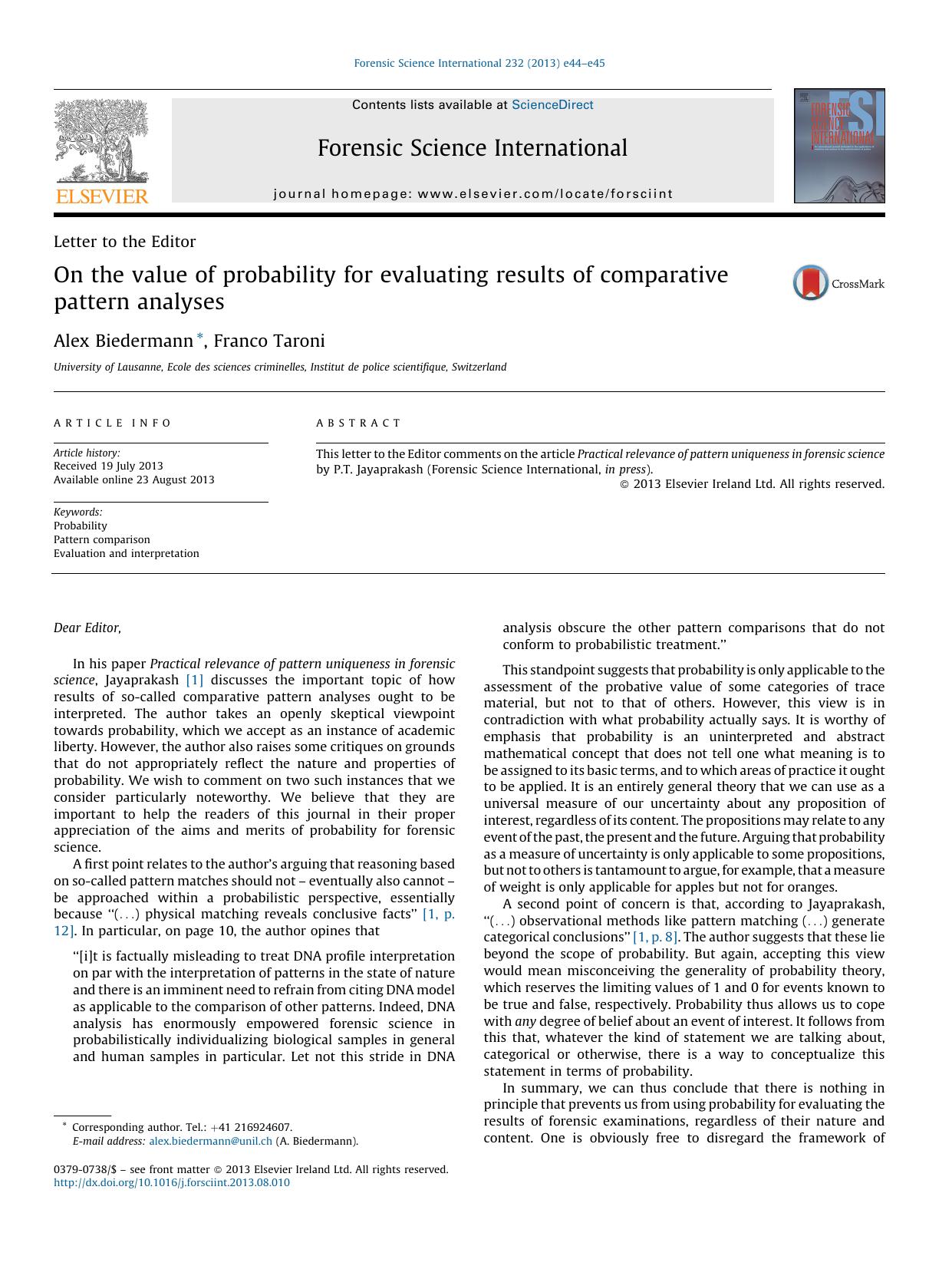 On the value of probability for evaluating results of comparative pattern analyses by Alex Biedermann & Franco Taroni