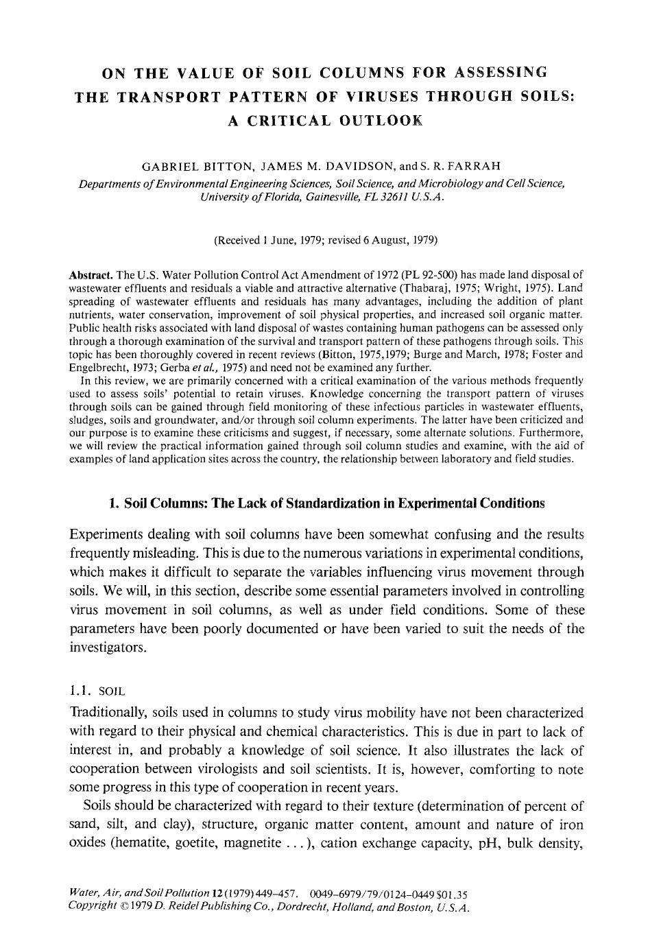 On the value of soil columns for assessing the transport pattern of viruses through soils: A critical outlook by Unknown
