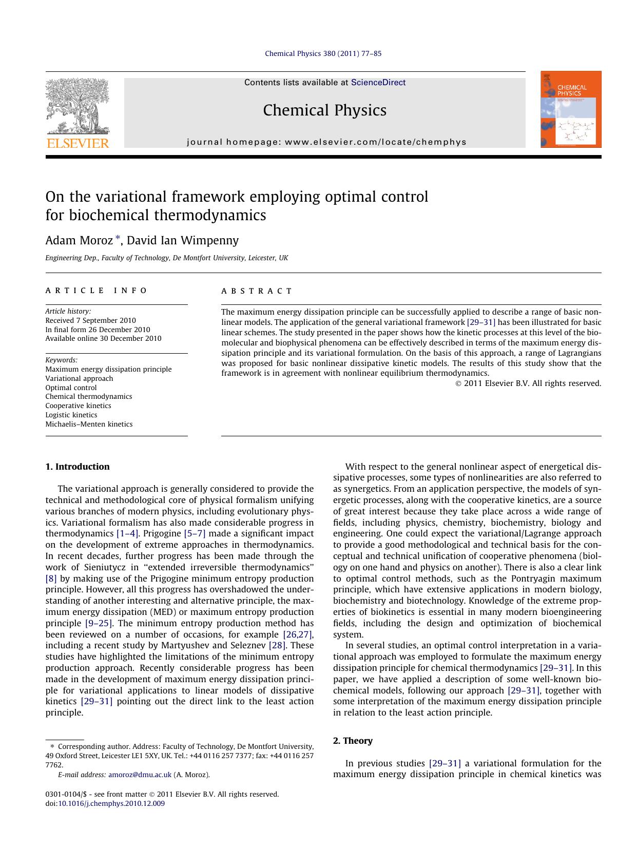 On the variational framework employing optimal control for biochemical thermodynamics by Adam Moroz & David Ian Wimpenny